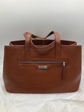 Salvatore Ferragamo Cognac Leather Tote with Front Zip Handbag